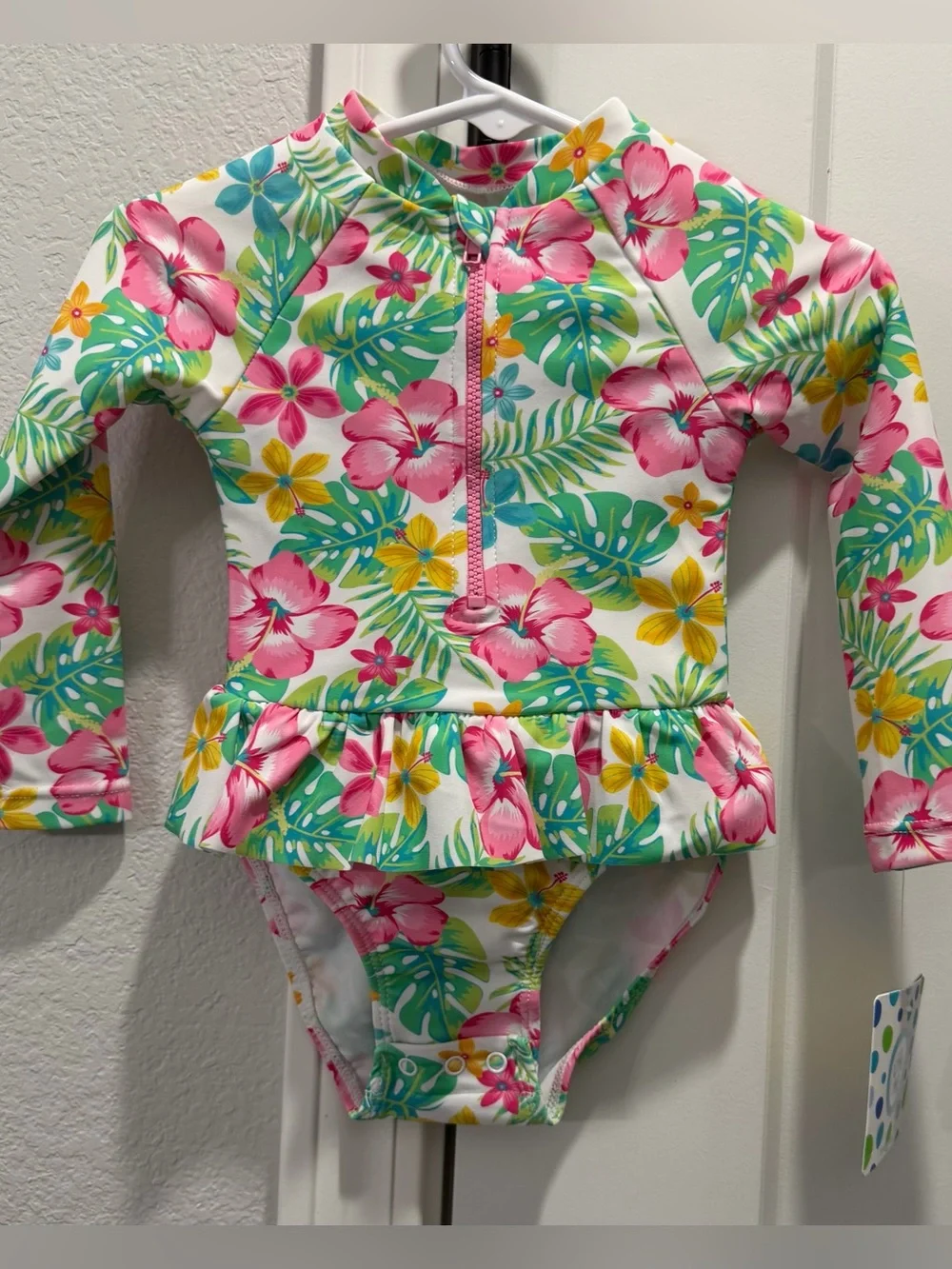 Little Me Pink Green Floral Long Sleeve UPF 50+ One-Piece Zip Snap Swimsuit 18 M